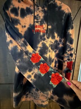 rue21 Gray and Peach Tie-Dye Hoodie with Red Embroidery